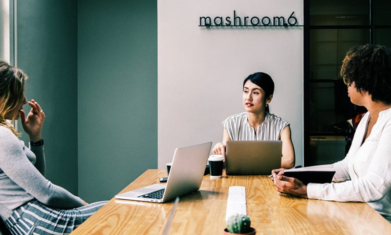 Three women having a meeting in a room named mashroom6.