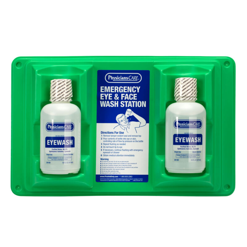 A green case with emergency eye and face wash bottles.
