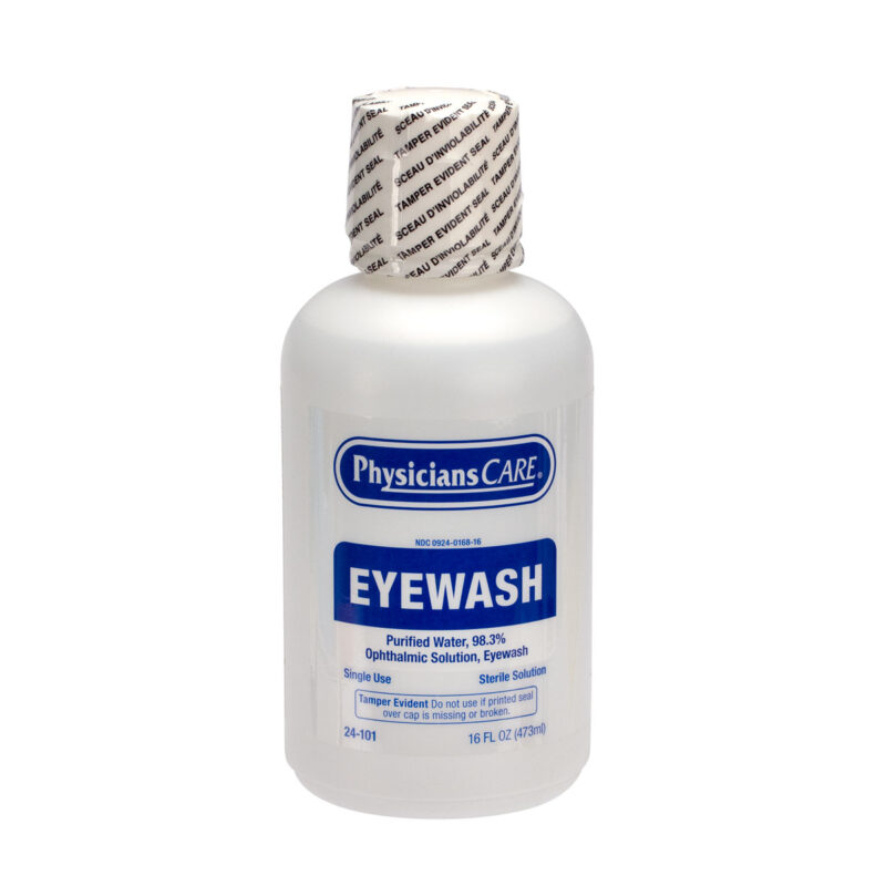 A white bottle of Physician Care Eyewash with a blue label.