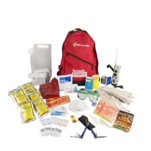 A red emergency backpack with various survival supplies.