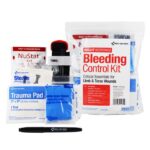A first aid bleeding control kit with trauma pad and marker.