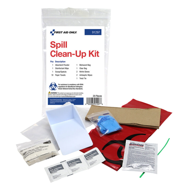 A spill clean-up kit with various absorbent materials and protective gear.