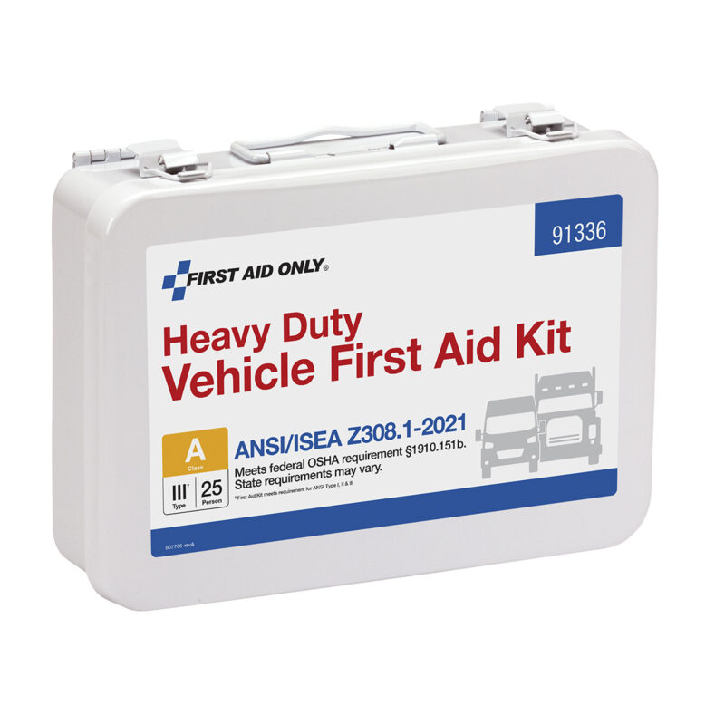A white heavy-duty vehicle first aid kit box.