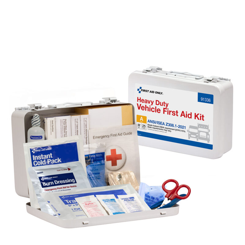 Opened sterile first aid kit with medical supplies.