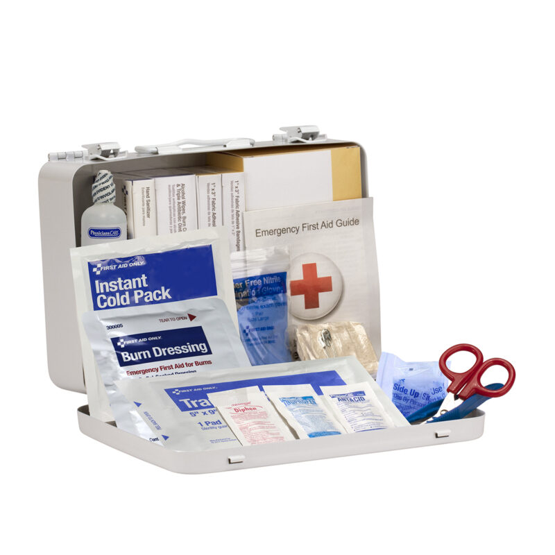 A first aid kit with medical supplies and scissors.