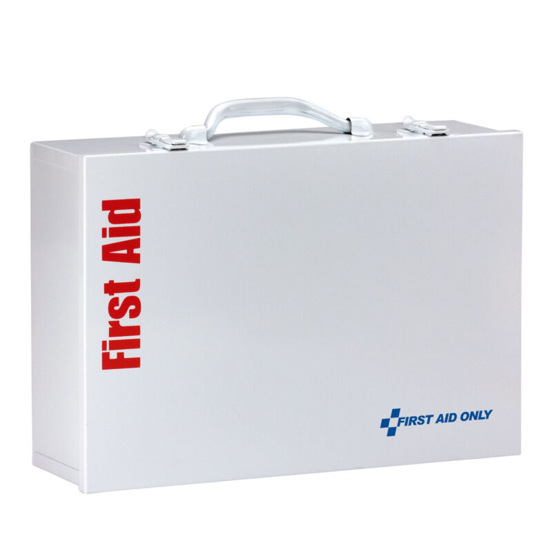 A white first aid kit box with a handle and red text.