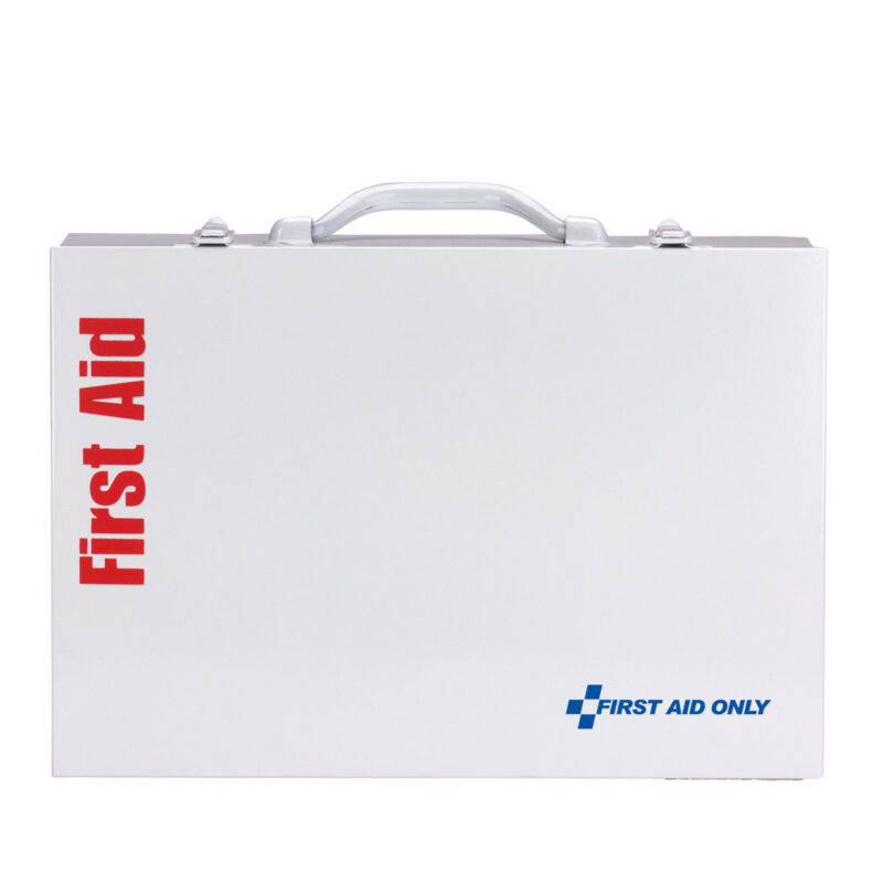 White first aid kit with red text and handle.