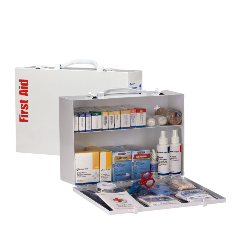 A white portable first aid kit box with medical supplies inside.