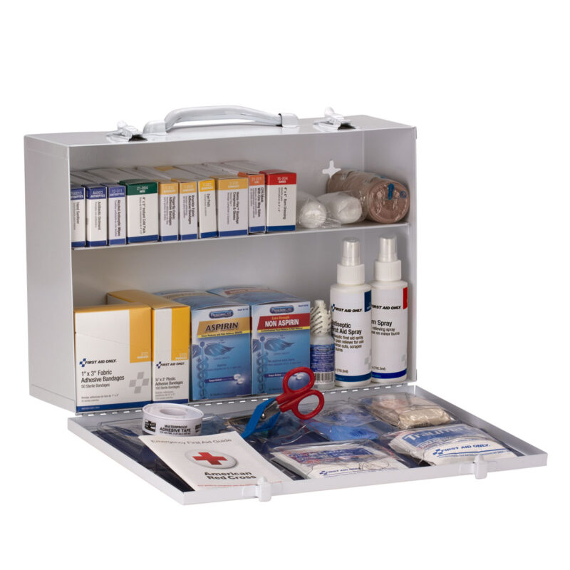 A first aid kit with various medical supplies neatly organized.