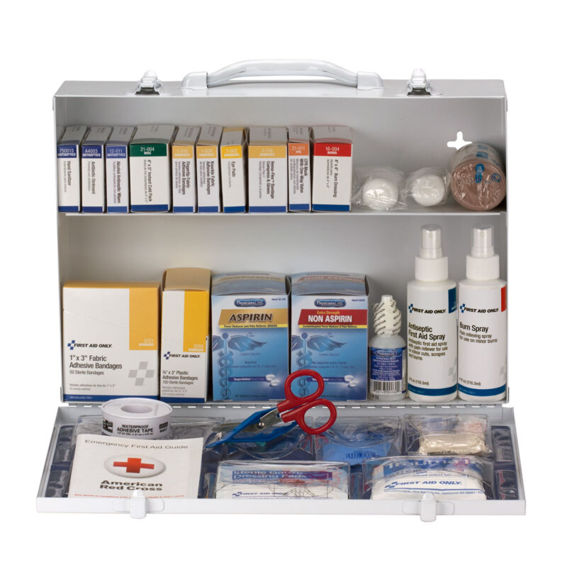 A first aid kit with various medical supplies organized on shelves.