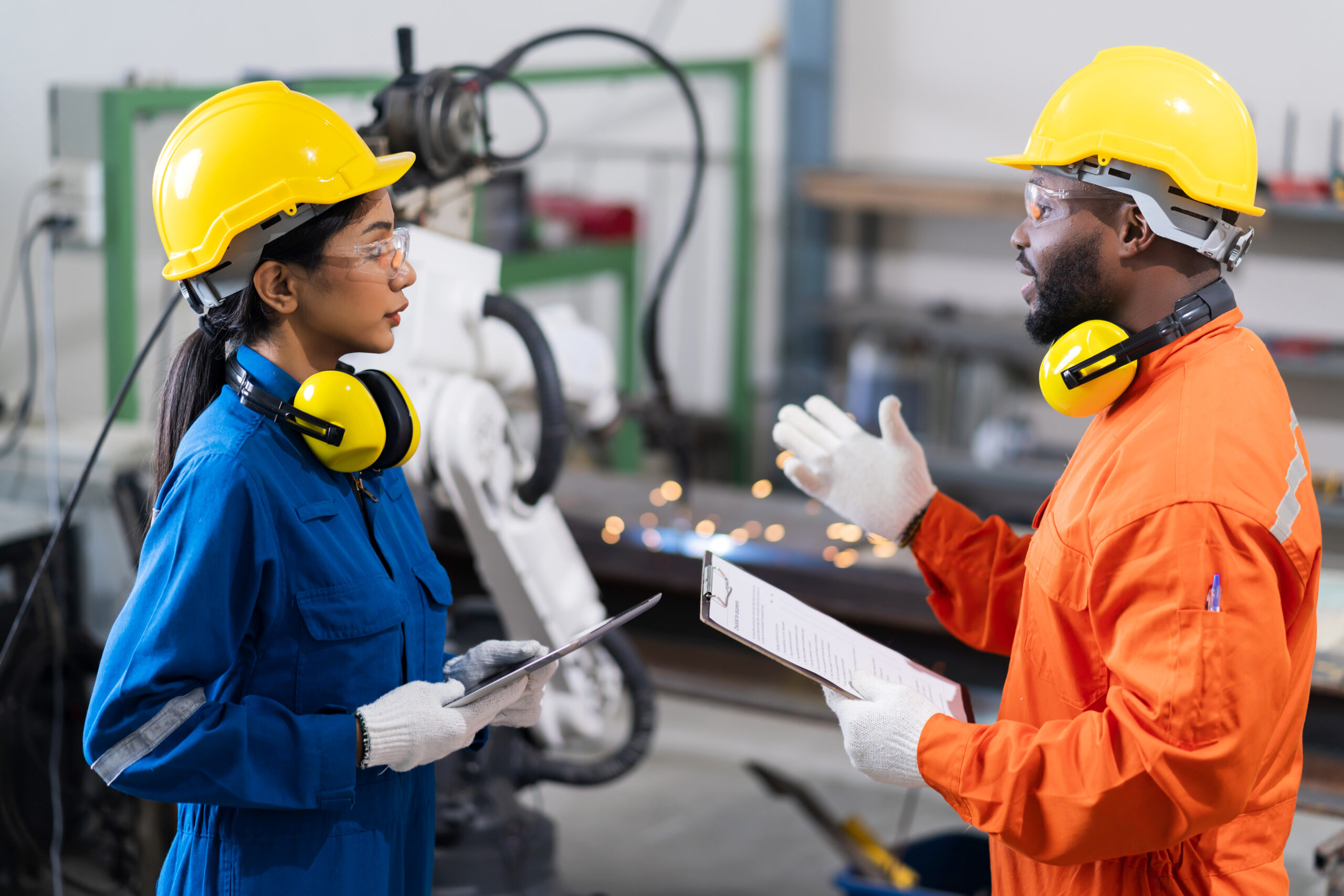 Two factory workers discussing safety procedures.