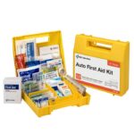 Yellow auto first aid kit with medical supplies.