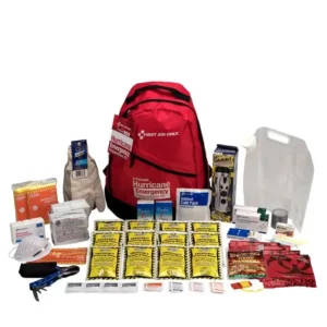 An emergency preparedness kit with supplies spread out.