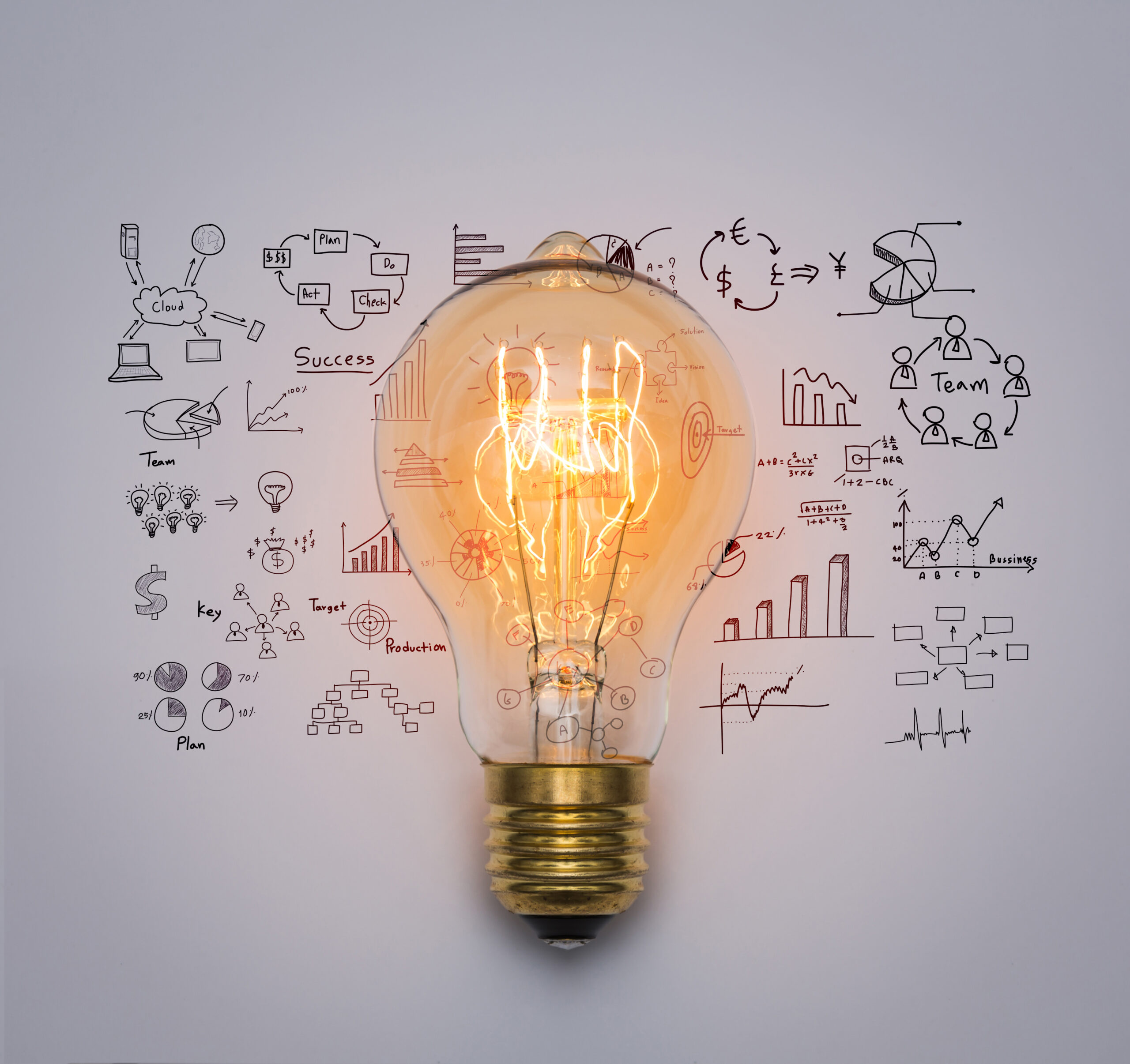A glowing light bulb with hand-drawn scientific sketches in the background.