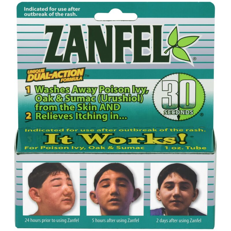 Box of Zanfel itch removal wash with images of a child relieved from itching.