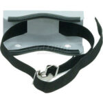 Wall-mounted bracket with black securing strap.