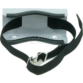 Wall-mounted bracket with black securing strap.
