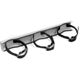 Wall-mounted holder with three adjustable straps.