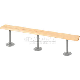 A long wooden bench with three metal legs.