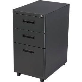 A black three-drawer filing cabinet.