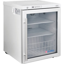 Small medical refrigerator with glass door.