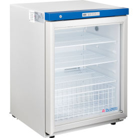 Laboratory refrigerator with glass door and shelves.