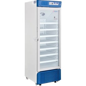 Laboratory refrigerator with glass door and shelves.