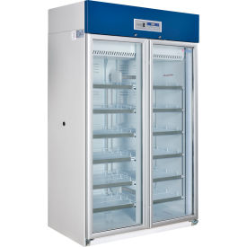 Commercial double-door glass display refrigerator.