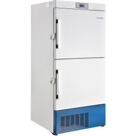 Laboratory upright freezer with dual doors.