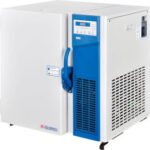 Laboratory freezer with blue handle and display.