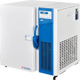 Laboratory freezer with blue handle and display.