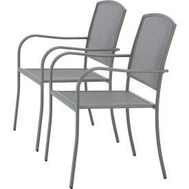 Two gray metal chairs with armrests.
