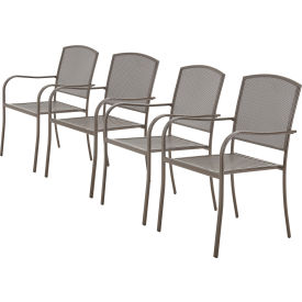 A set of four metal mesh outdoor chairs with armrests.