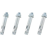 Four metal expansion bolts in a row.
