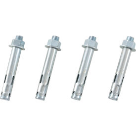 Four metal expansion bolts in a row.