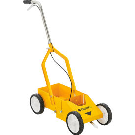 Yellow line marking machine with four wheels.