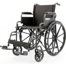 Manual wheelchair with black seat and wheels.
