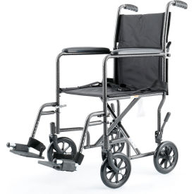 Lightweight transport wheelchair with footrests.
