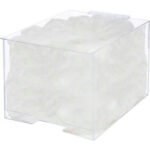 Clear plastic box with white disposable gloves.