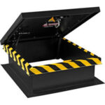 Roof hatch with yellow caution stripes open.