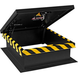 Roof hatch with yellow caution stripes open.