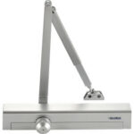Silver door closer with arm mechanism.