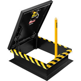 Open roof hatch with safety pole.