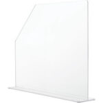 Clear acrylic sneeze guard on white background.