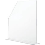 Clear acrylic sneeze guard with angled top.