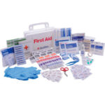 First aid kit with medical supplies displayed.