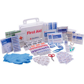 First aid kit with medical supplies displayed.