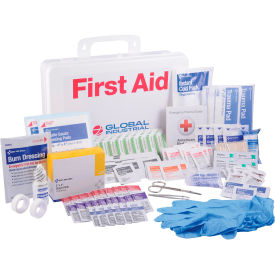 First aid kit with medical supplies displayed.