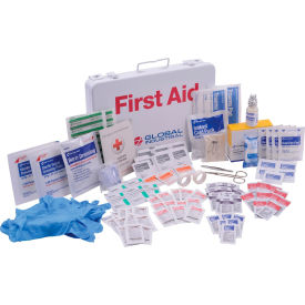 First aid kit with medical supplies displayed.