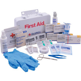 First aid kit with medical supplies displayed.